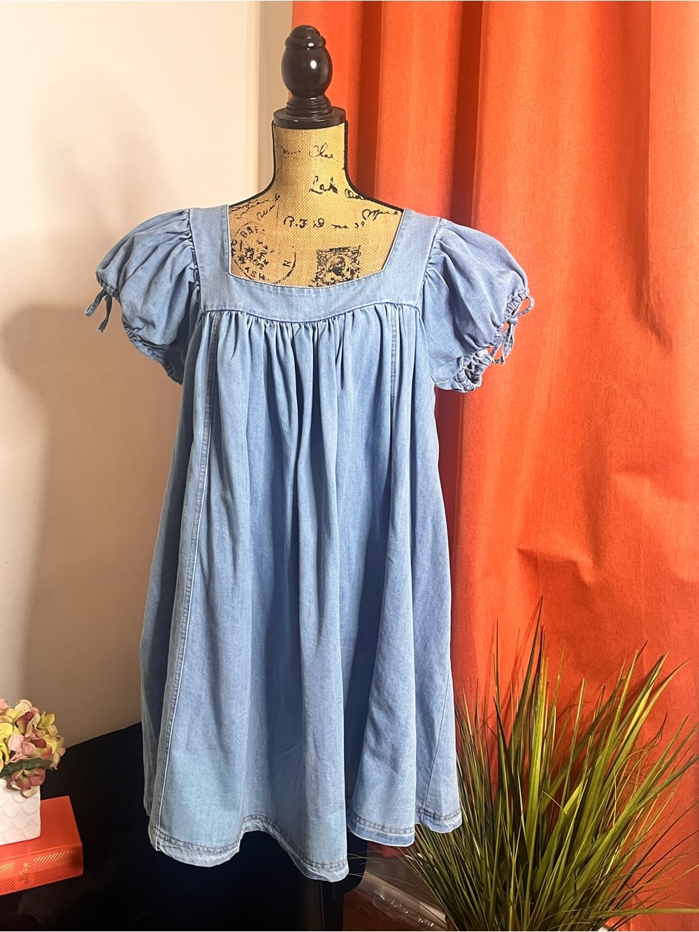 Light Wash Denim Puff Sleeve Babydoll Dress